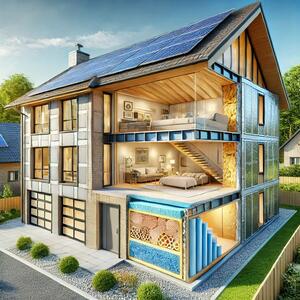  A modern eco-friendly home with solar panels, triple-glazed windows, and visible advanced insulation materials, surrounded by a suburban setting with a bright sky, green trees, and a well-maintained yard.