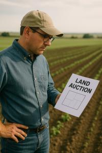 Farmer reviewing land auction paper in field   Sources and related content