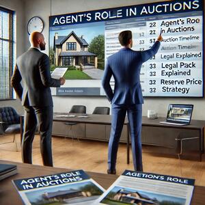 Two men in a meeting room discussing an agent’s role in property auctions, with a presentation and brochures displayed.