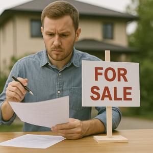 Man reviewing documents next to a “For Sale” sign in front of a house.