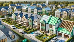 Innovative insulated homes featuring advanced energy-efficient construction with solar panels and sustainable materials in a modern suburban neighborhood.