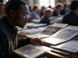 Man looking at open books on a table in a library or archive