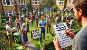 Group of tenants gathered in courtyard for meeting with agenda on clipboard.