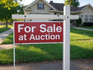 Red "For Sale at Auction" sign on a white post with a house in the background