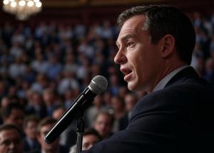 Man in a suit speaking into a microphone in front of an audience