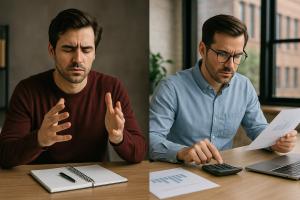 Split image of a frustrated man gesturing with eyes closed and another man analyzing documents with a calculator.