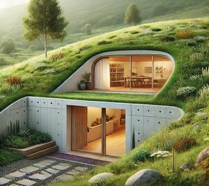 Underground Houses UK featuring an eco-friendly design built into a hillside, with green roofs, large glass windows, and seamless integration with the natural landscape.