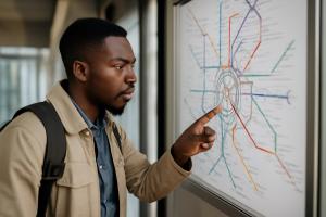  Man with a backpack pointing at a subway or transit map at a station, appearing focused.