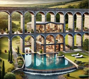 Viaducts and Reservoirs: Unconventional Home Foundations - A stunning home built on the foundation of a historic viaduct with modern glass architecture integrated into the stone arches, overlooking a serene reservoir transformed into a scenic water feature with landscaped surroundings.