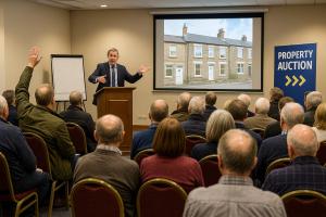 A man wearing a suit and tie at a rostrum holding a gavel. There is a screen on the wall showing a picture of a mid terraced house. There are around 20 people with their backs to us, sitting in chairs listening to the auctioneers. One man has his hand raised. There is a property auction sign on the wall. 