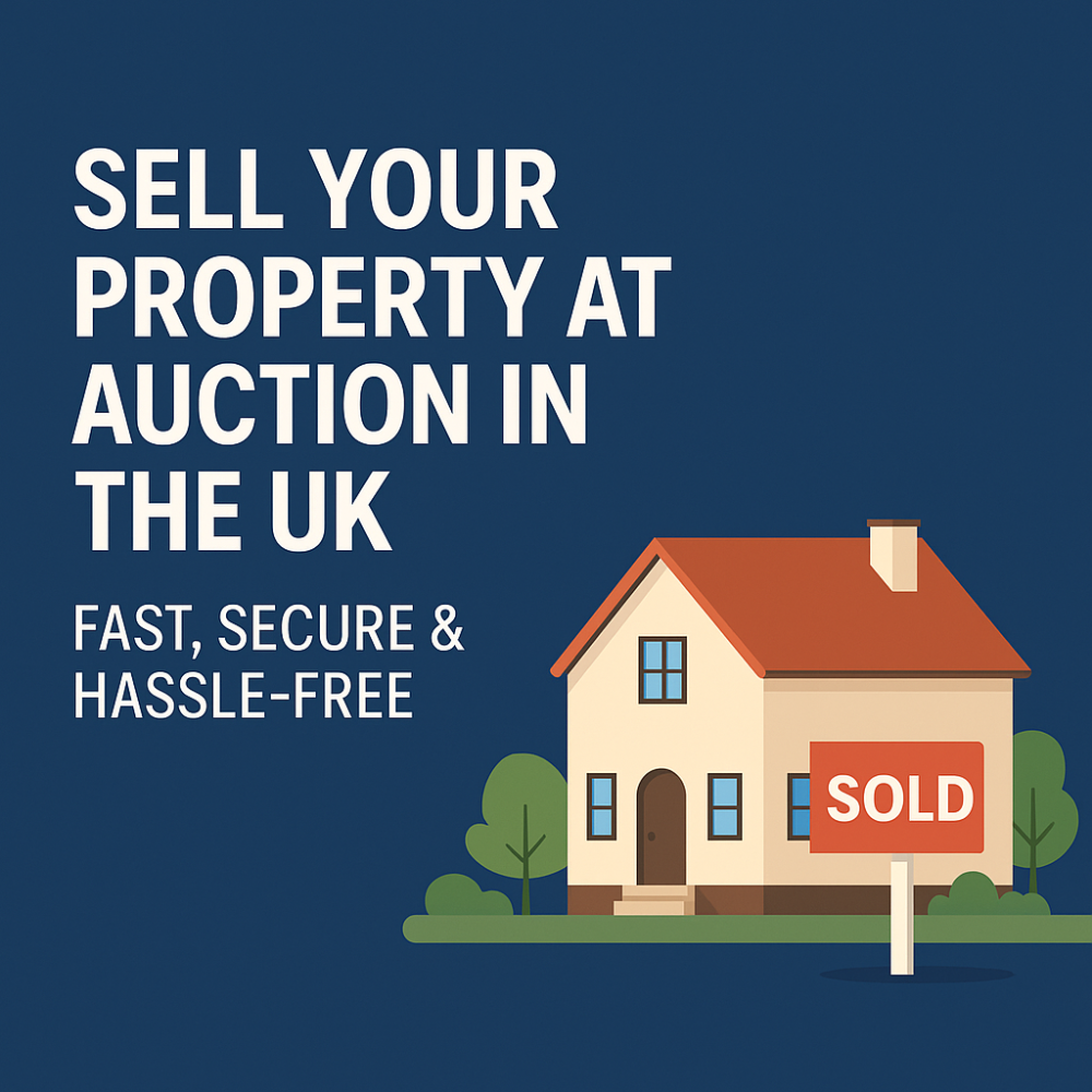 A graphic with navy blue background and the wording in beige saying Sell Your Property At Auction in the UK, Fast, Secure, Hassle Free. There is an image on right of a house with an orange sold sign outside.