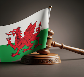 image of welsh flat with white top half and green. bottom half with red dragon in the middle. The flat is overhanging an auctioneer's brown wood gavel.