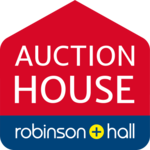 Auction House robinson+hall logo, red and blue.