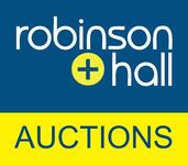 Robinson + Hall Auctions logo on a blue and yellow background.