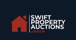 Swift Property Auctions London logo: Red house icon and white text on dark blue.