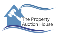 The Property Auction House logo: blue house outline with gavel and stylized waves.