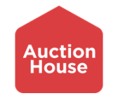 white text auction house on red background