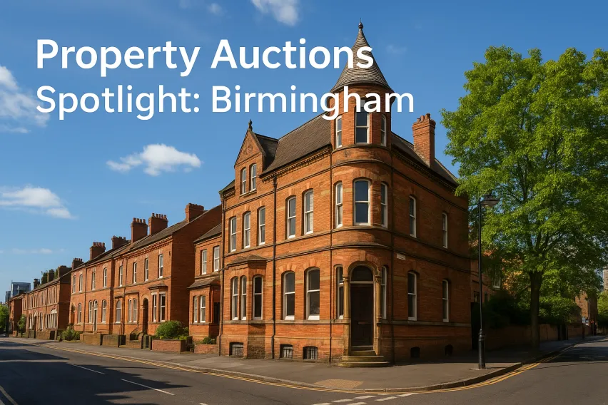 a large brown brick building on the corner of a road with green tree to the right of it and blue sky above. The wording Property Auctions Spotlight Birmingham overlaps the image in white.