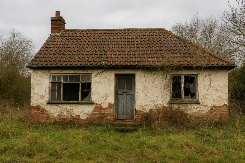 single storey residential property that looks derelict and in need of refurbishment The property sits on a green grass plot with grey sky above.