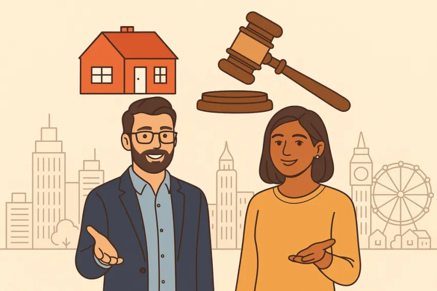 Friendly illustrated man and woman discussing UK property auctions, with icons of a house and gavel above them and a city skyline in the background, representing the 2025 real estate auction market.