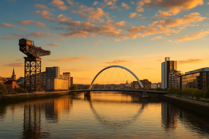 Sunset skyline of Glasgow with white bridge over a river and reflections of both river and buildings. The sky is blue with setting sun and some white clouds.
