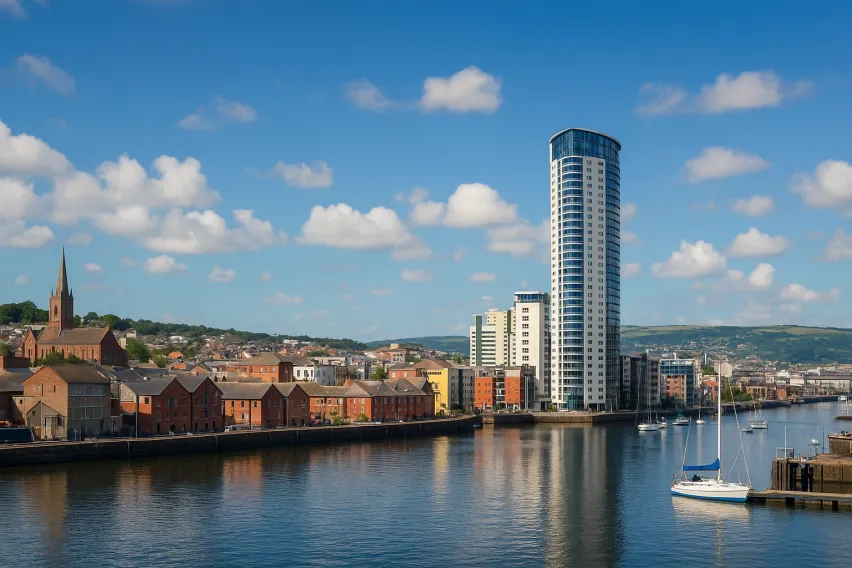 Swansea skyline showing a number of brown brick buildings alongside water with blue sky and white dotted clouds above