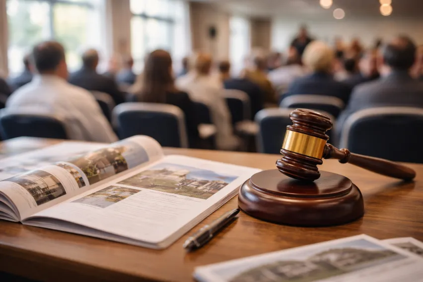 UK property auction environment, featuring a gavel, property catalogues and a blurred auction room background with people sitting in chairs