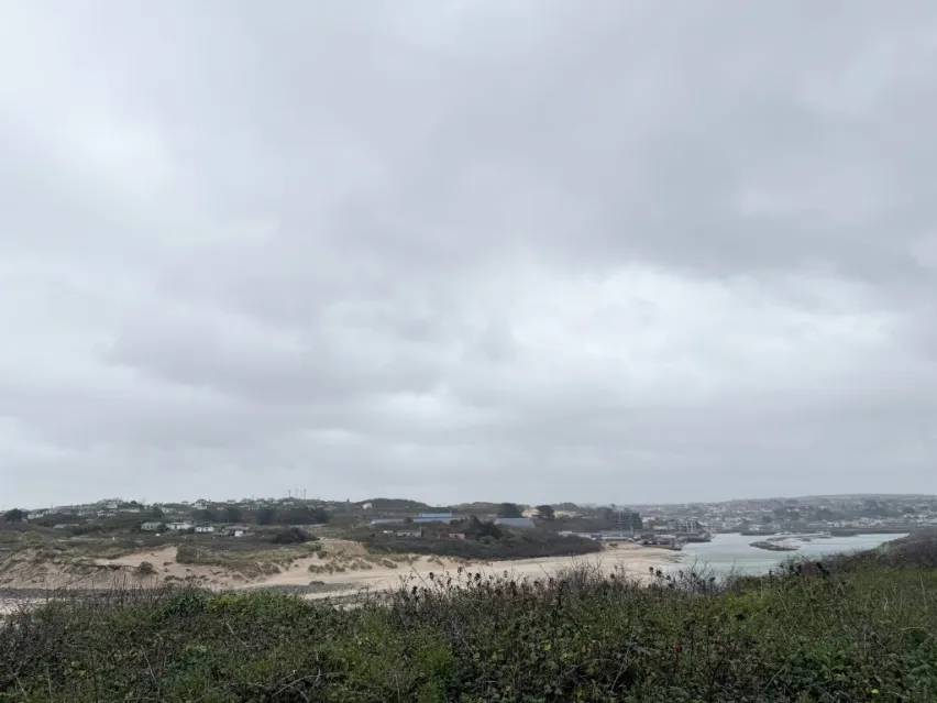 Grassland in the foreground with a glimpse of light yellow sand and blue sea behind. Most of the image shows grey cloudy sky,