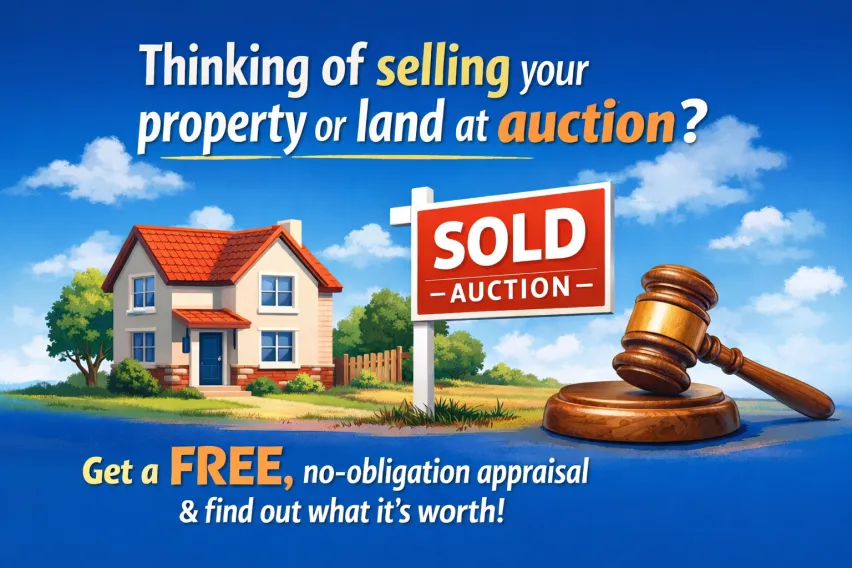 Illustration with red roofed house with sold sign and auctioneer's gavel on a blue and green landsscape. The text reads Thinking of selling your property or land at auction? Ger a FREE, no obligation appraisal and find our what it's worth!