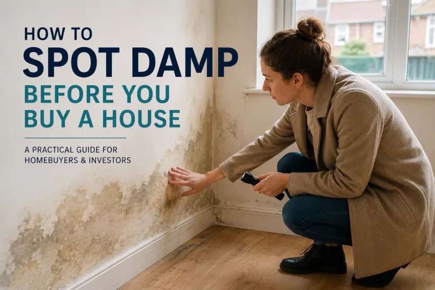 Homebuyer inspecting damp damage on an interior wall before purchasing a property