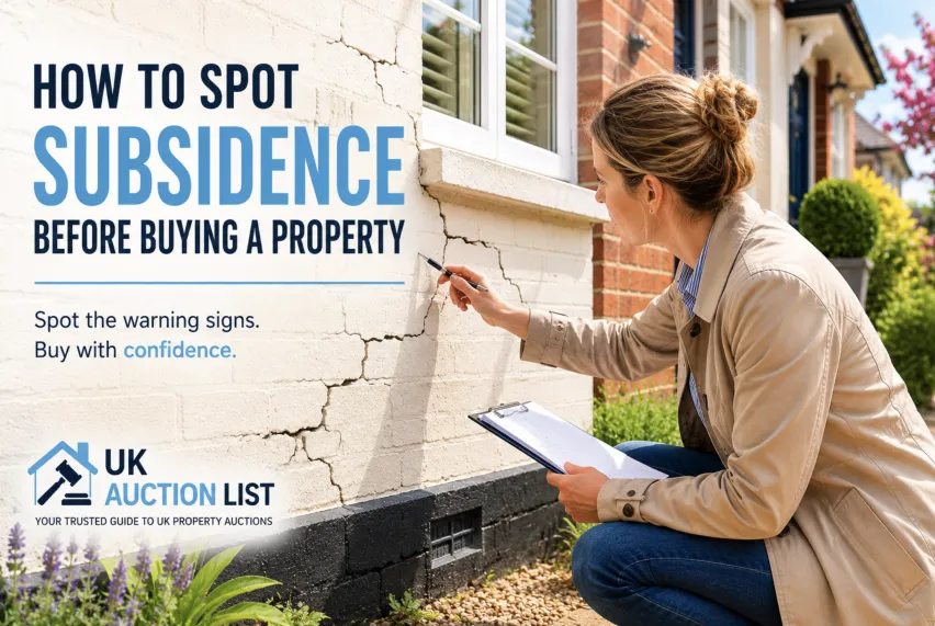 Homebuyer inspecting cracks in a property wall for signs of subsidence before purchase