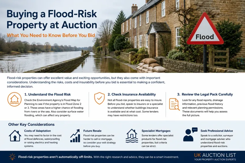 Flood-risk property beside a river with flood warning sign and sandbags