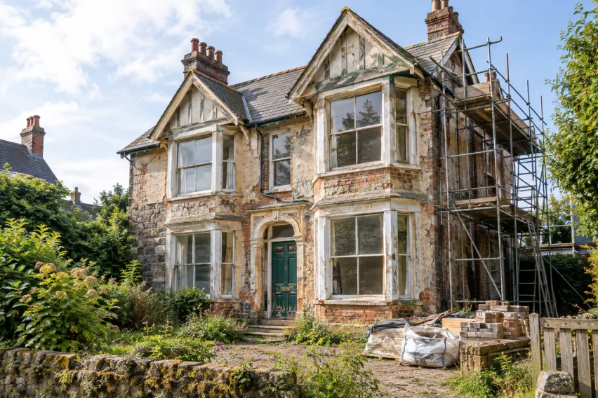 Period house undergoing major renovation with scaffolding and building materials outside.