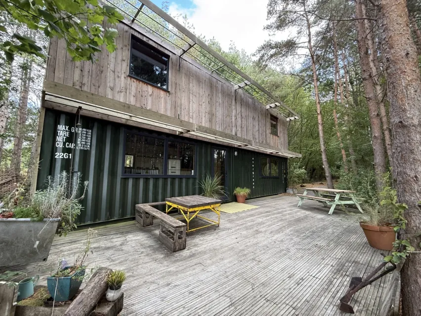 Evergreen, a two-storey lettable woodland cabin near Lewes, East Sussex.