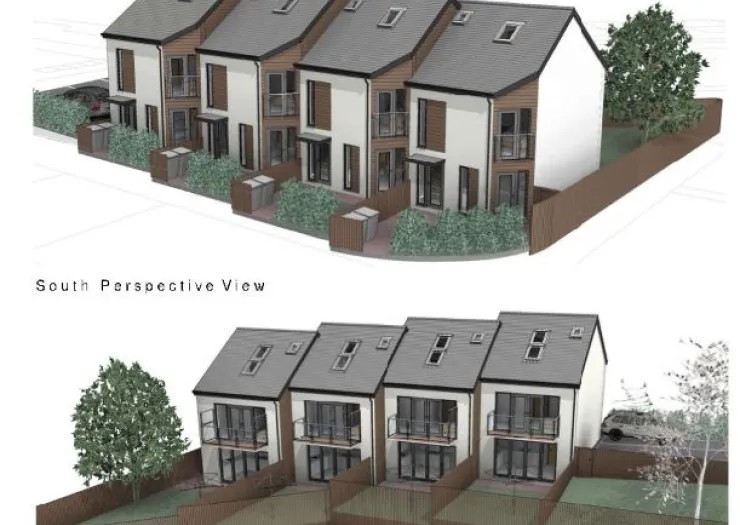South perspective views of modern townhouses with balconies, grey roofs, and fenced yards.