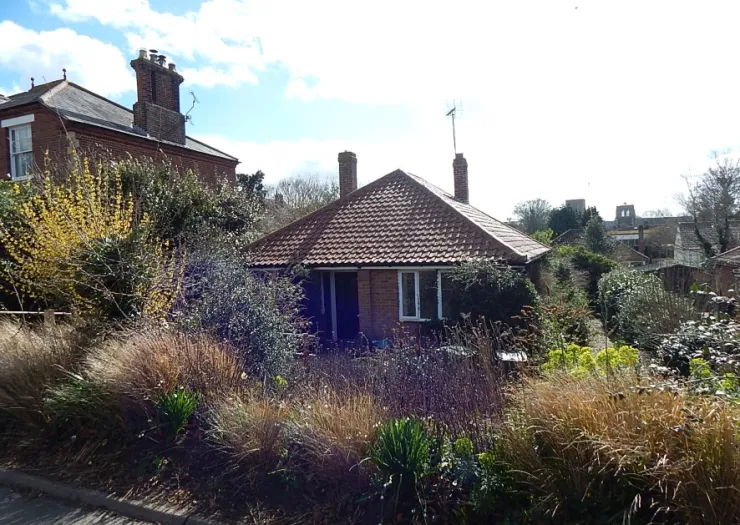 Single-story house with tiled roof nestled in a garden with tall grasses and shrubs. Distant buildings visible.