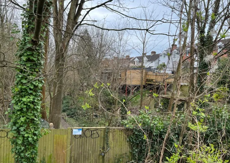 Overgrown area with trees, a wooden structure, and houses in the background, seen from behind a wooden fence.