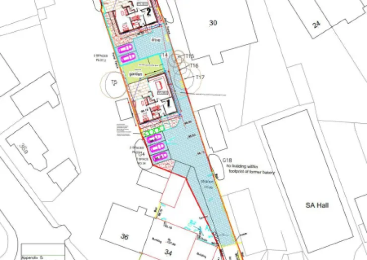Site plan with building layouts, parking, gardens, and surrounding plot boundaries.