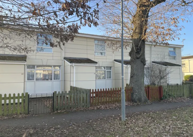 Cream-colored terraced houses with small front gardens and a large tree.