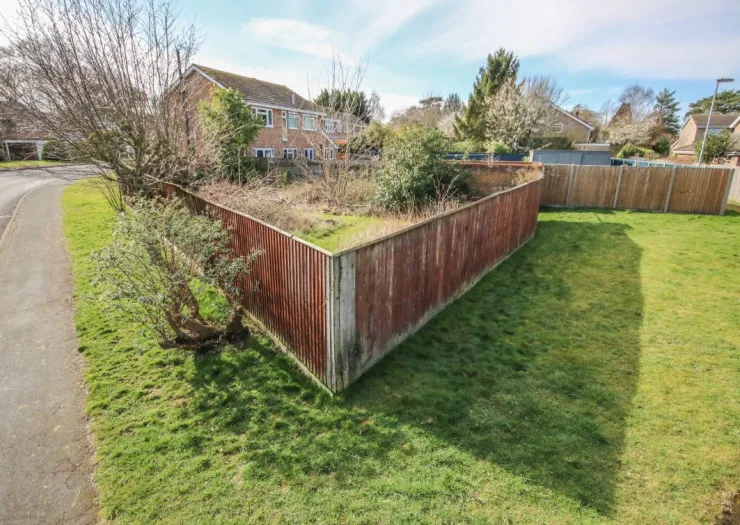 Overgrown garden with reddish-brown corrugated fence, bordering a residential street.