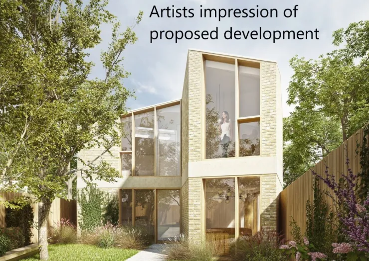 Artist's impression of a modern, light-filled home with large windows, surrounded by a green garden.