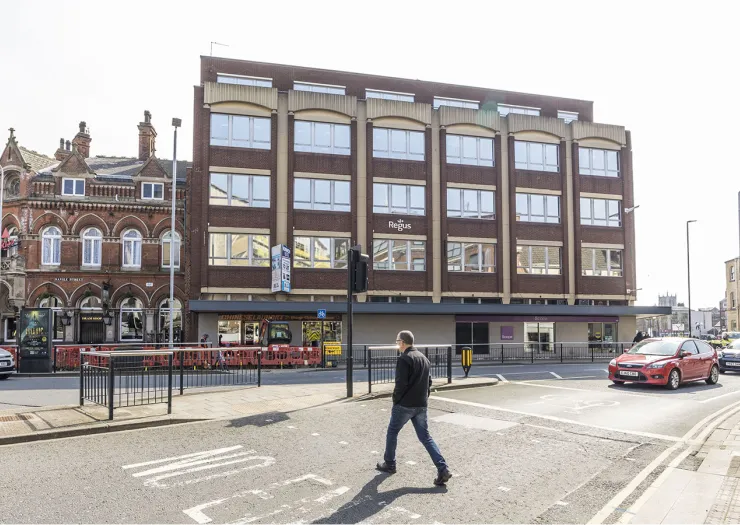 Regus office building exterior with construction in Doncaster town centre.