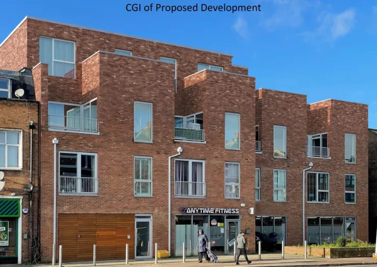 Modern red brick mixed-use development with "Anytime Fitness" at street level. CGI of proposed development.