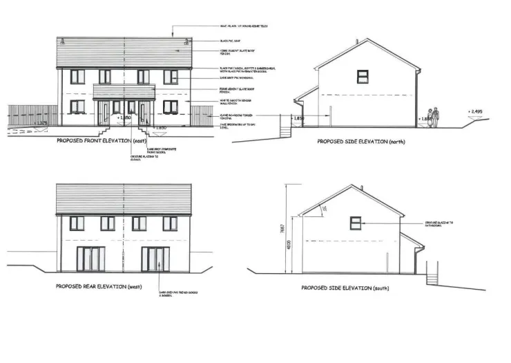 Proposed architectural elevations: front, rear, and side views of a two-story house with dimensions.