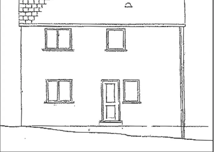 Simple line drawing of a house's facade, showing windows, door, and sloping ground.