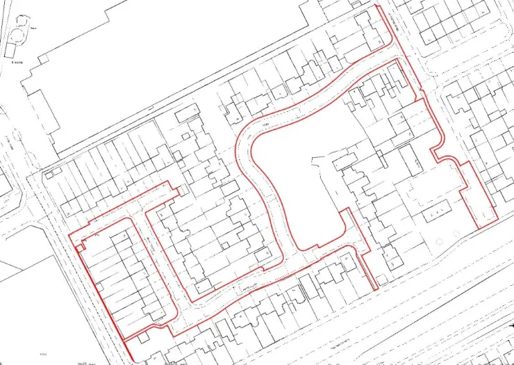 Site plan highlighting a residential area with a red border.