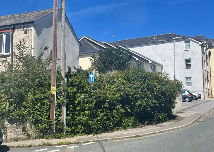 Residential street corner with hedge, utility pole, and apartment building.