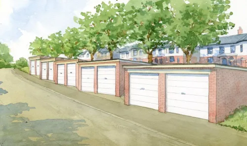 Watercolor painting of a row of brick garages with white doors, trees, and houses in the background.