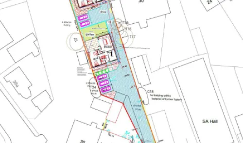 Site plan with building layouts, parking, gardens, and surrounding plot boundaries.
