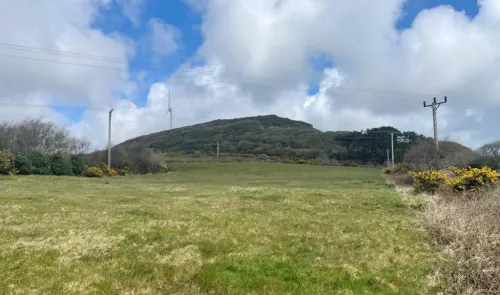 Green field with a wind turbine and wooded hill under a blue sky with fluffy white clouds.